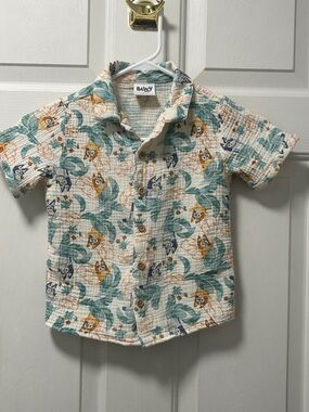 Bluey Toddler Short-Sleeve Button-Up Shirt - Cream with Green & Orange Dog Print